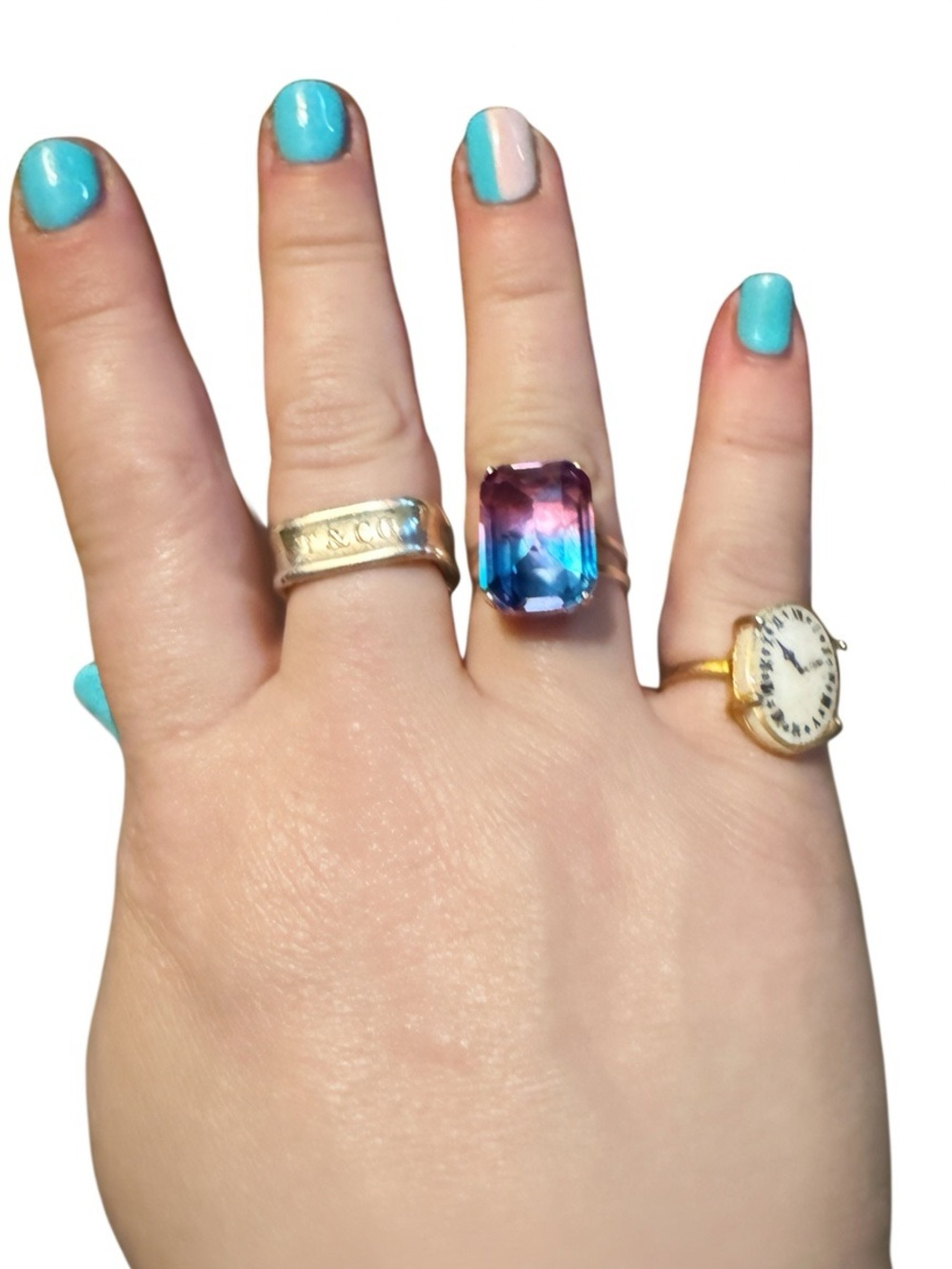 Blue Azure & Pink 2-Tone Glass Gem Octagon Silver Split Ring (sizes 6-9) adjust